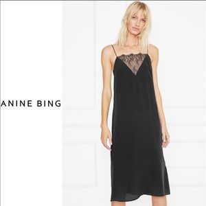 Anine Bing Black Silk Slip Dress Lace Insert Small